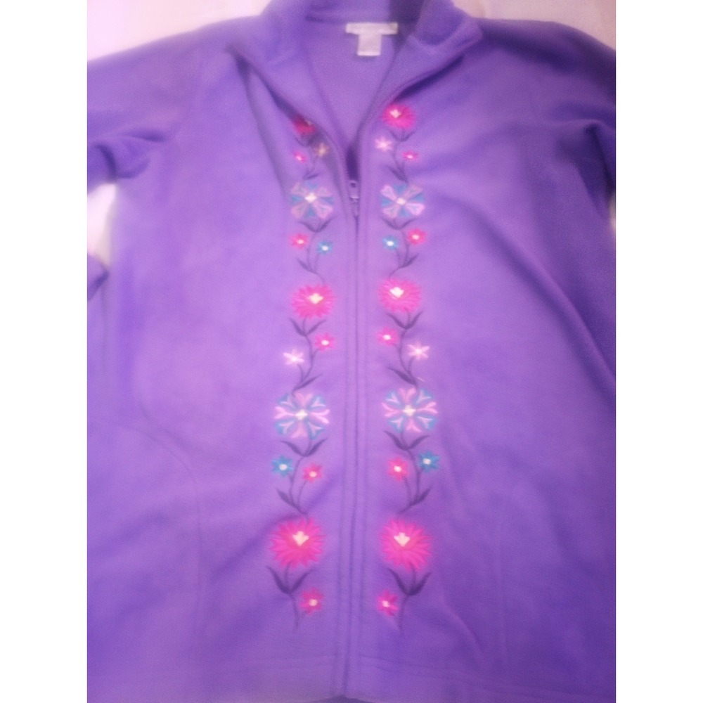 Susan Graver Style Small Purple Fleece Floral Embroidered Zip Jacket Long - Picture 5 of 9